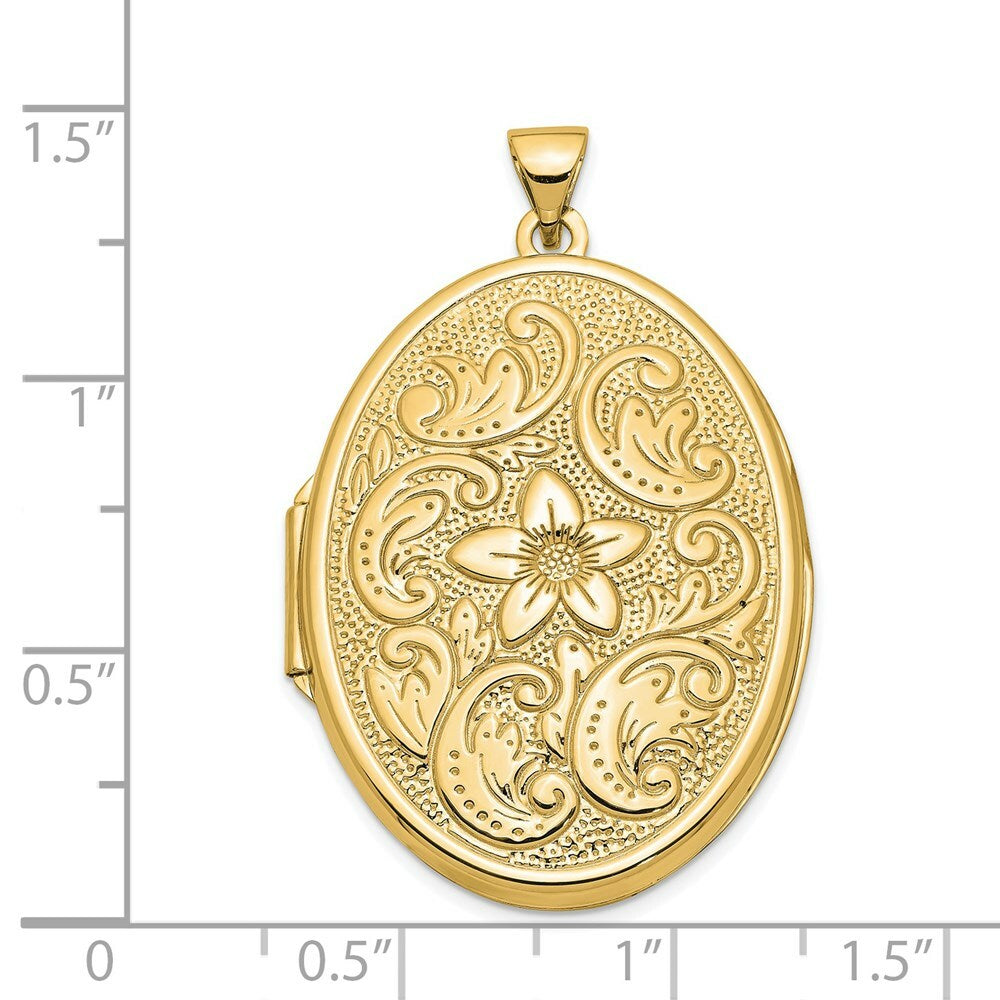 14K Yellow Gold 32mm Oval Flower With Scrolls Locket 32x25mm