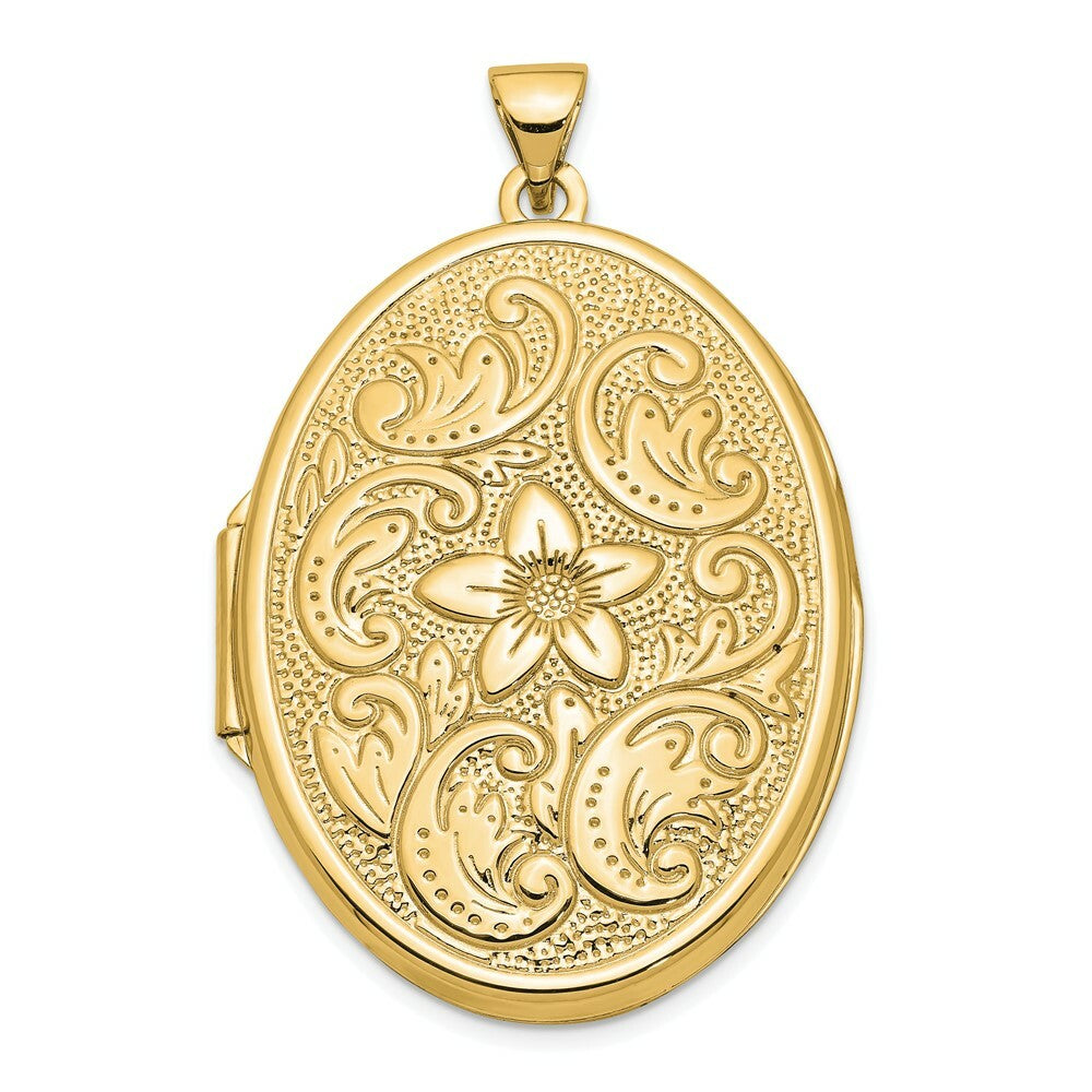 14K Yellow Gold 32mm Oval Flower With Scrolls Locket 32x25mm