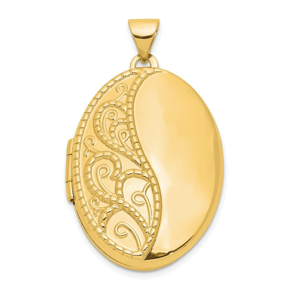 14K Yellow Gold 26mm Oval 1/2 Hand Engraved Locket 26x20mm