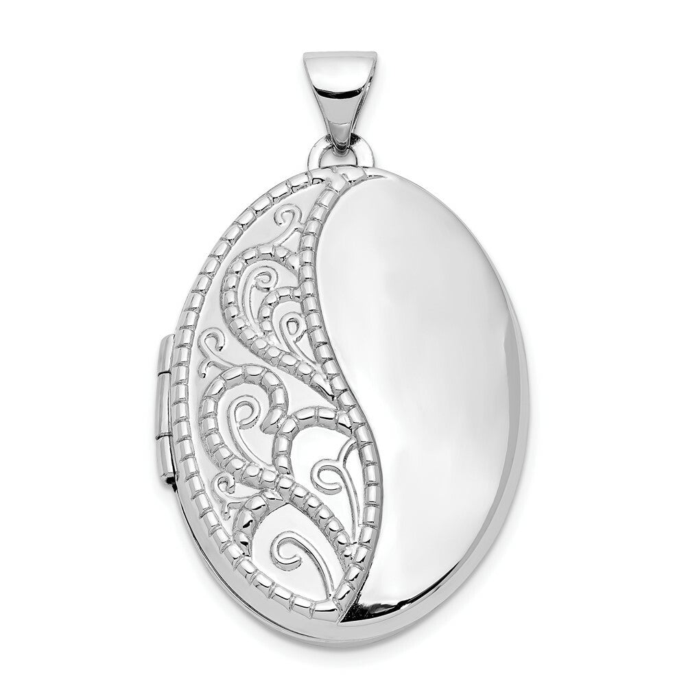 14K White Gold 26mm Oval 1/2 Hand Engraved Locket 26x20mm