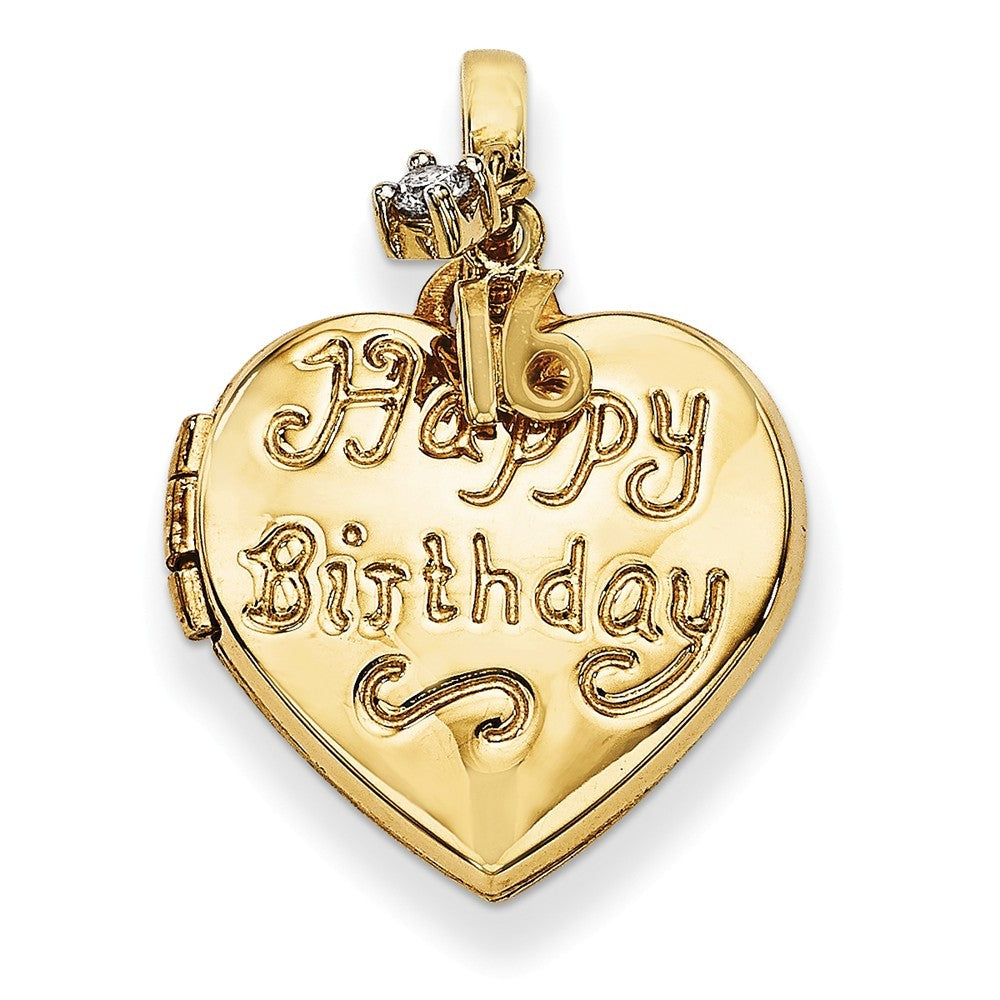 14K Yellow Gold 15mm Heart Happy 16th Birthday with CZ Locket 15x15mm
