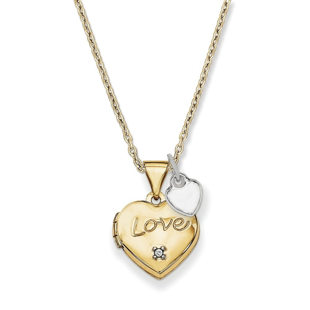 14K Two-tone Gold 12mm Heart with Diamond Locket and Heart Charm 12x12mm