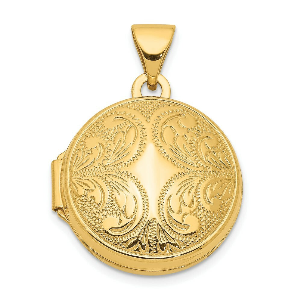 14K Yellow Gold 16mm Round Locket with Scroll Design 16x16mm