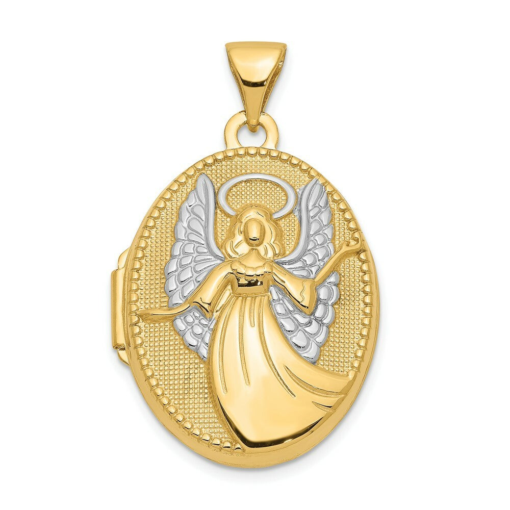 14K Yellow Gold w/Rhodium 21mm Oval Guardian Angel Locket 21x18mm