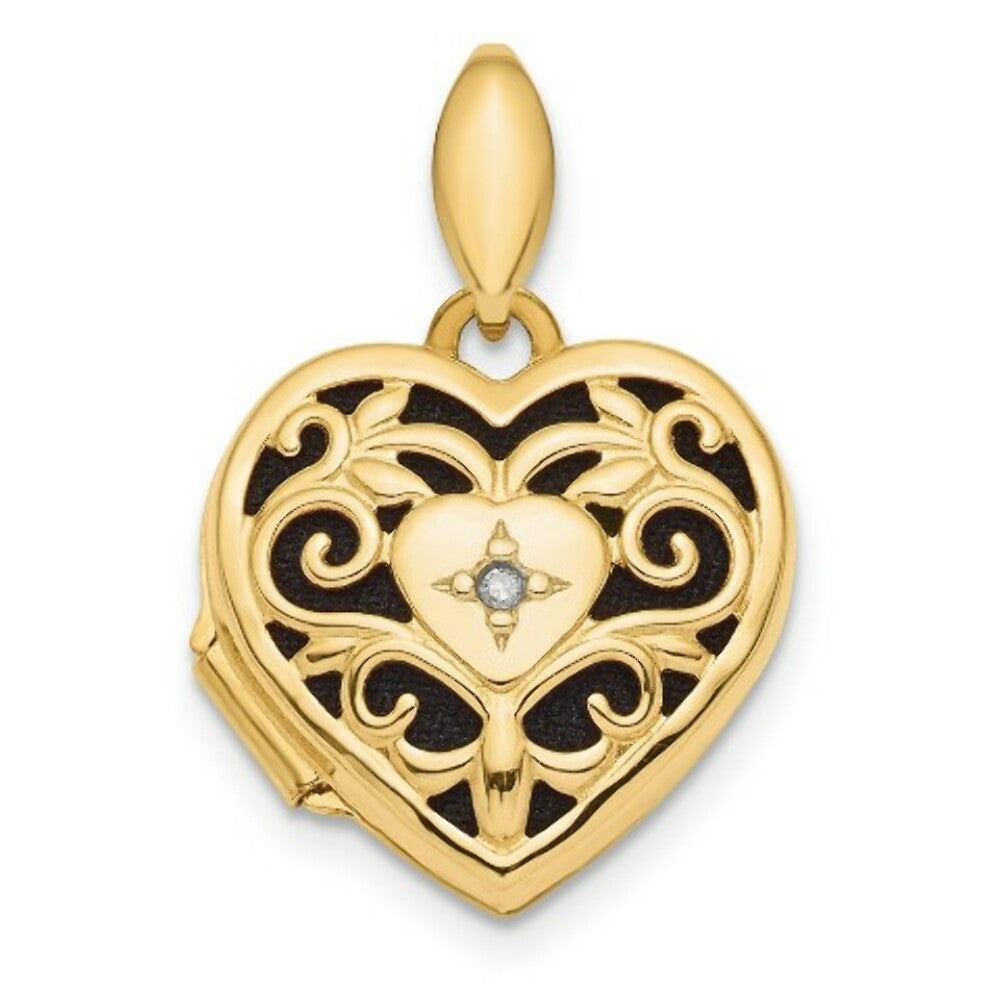 14k Yellow Gold Polished Filigree Diamond Heart Locket