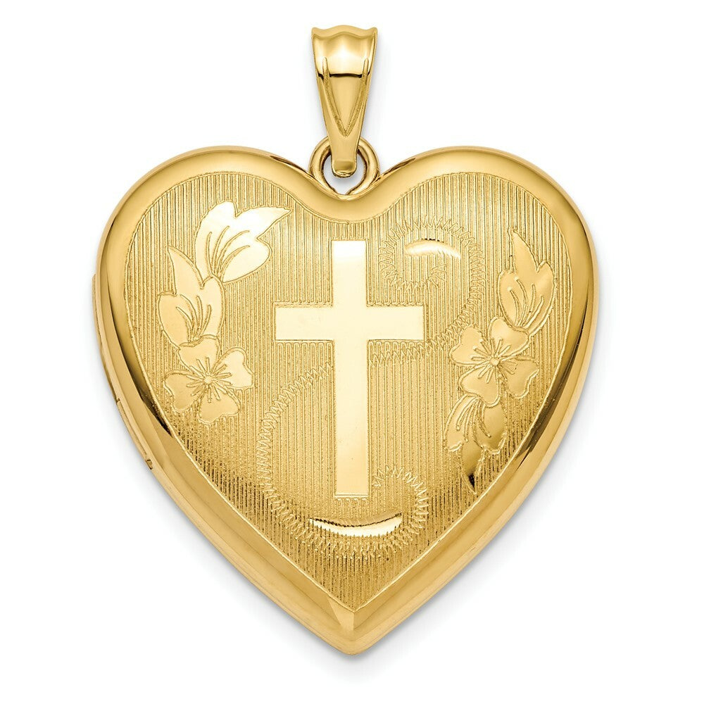 14k Yellow Gold 24mm Diamond-cut Cross Ash Holder Heart Locket