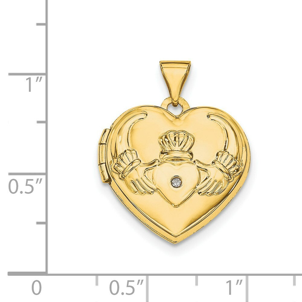 14K Yellow Gold Diamond Claddagh Heart Locket 20x15mm
