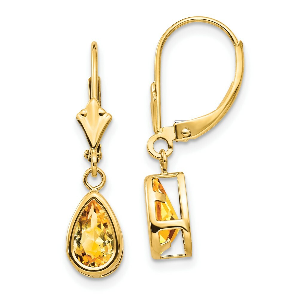 14K Yellow Gold 8x5mm Pear Citrine Leverback Earrings