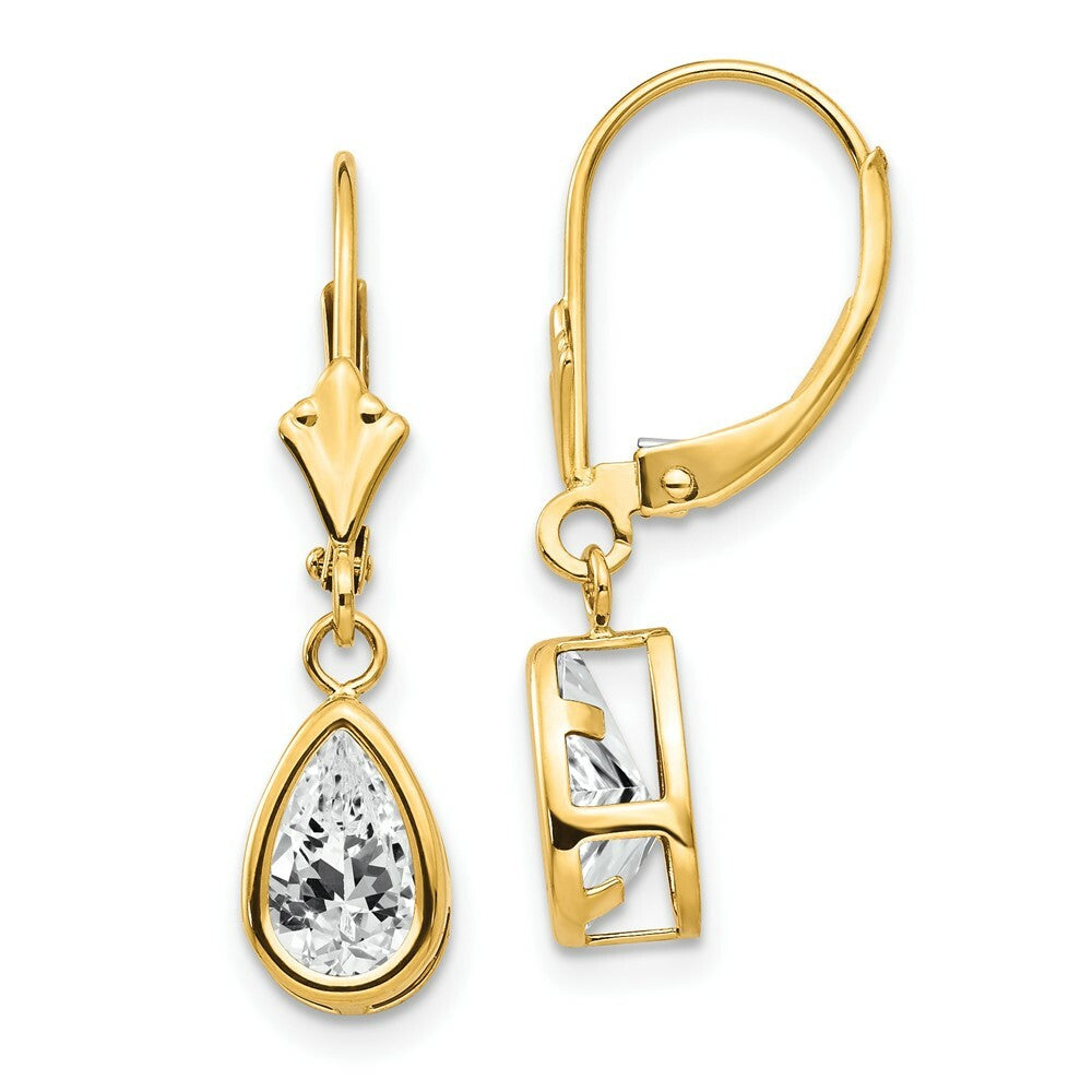 14K Yellow Gold 8x5mm Pear Cubic Zirconia Leverback Earrings