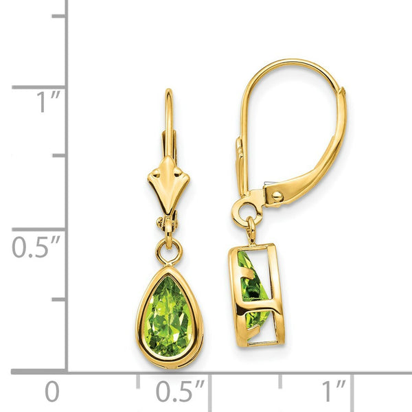 14K Yellow Gold 8x5mm Pear Peridot Leverback Earrings