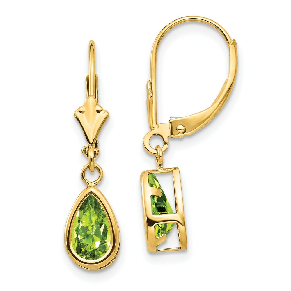 14K Yellow Gold 8x5mm Pear Peridot Leverback Earrings