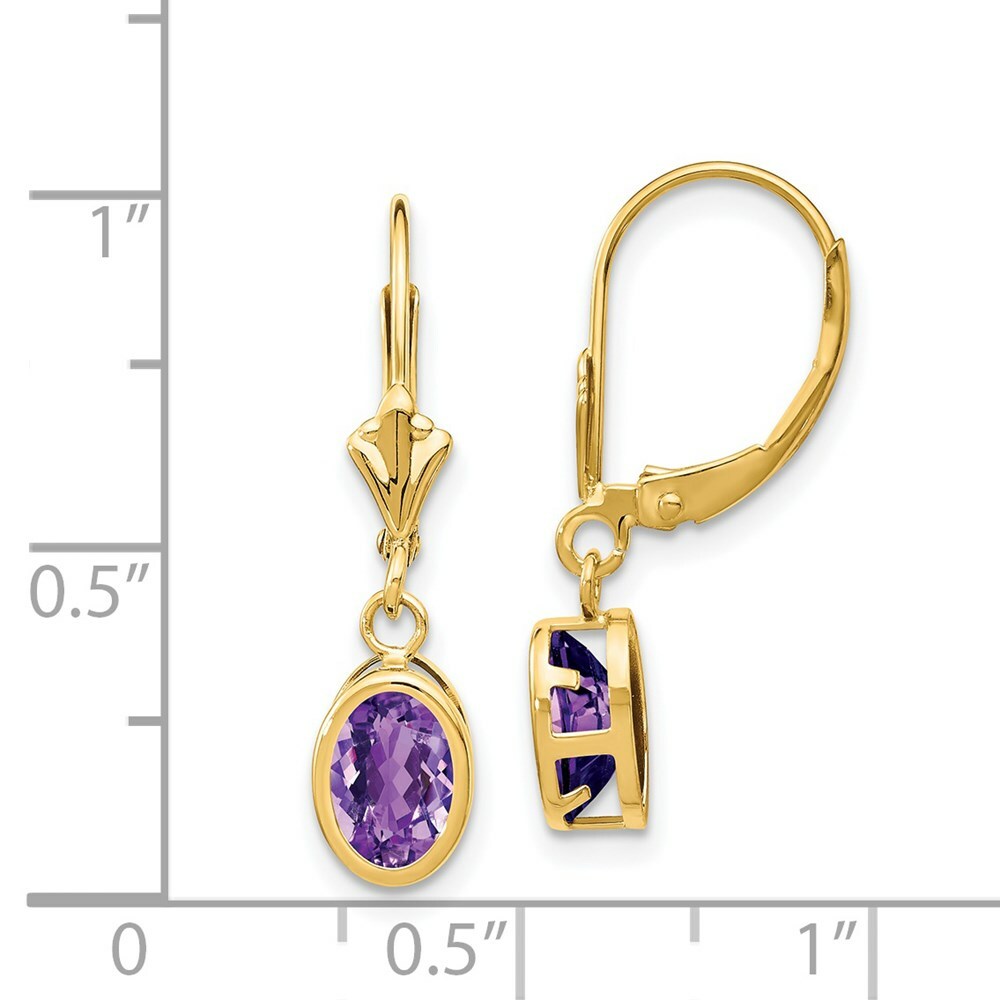 14K Yellow Gold 7x5mm Oval Amethyst Leverback Earrings