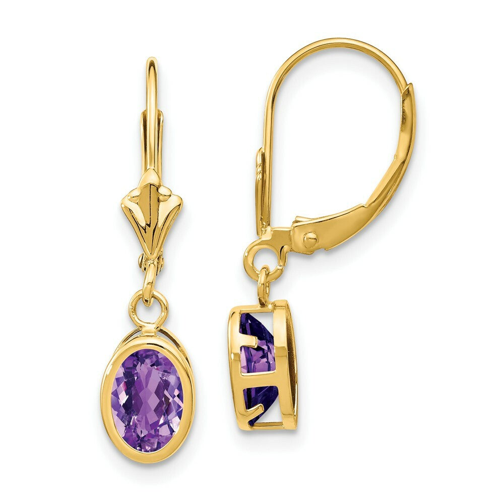 14K Yellow Gold 7x5mm Oval Amethyst Leverback Earrings