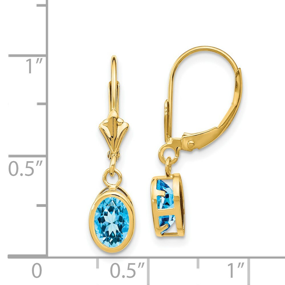 14K Yellow Gold 7x5mm Oval Blue Topaz Leverback Earrings
