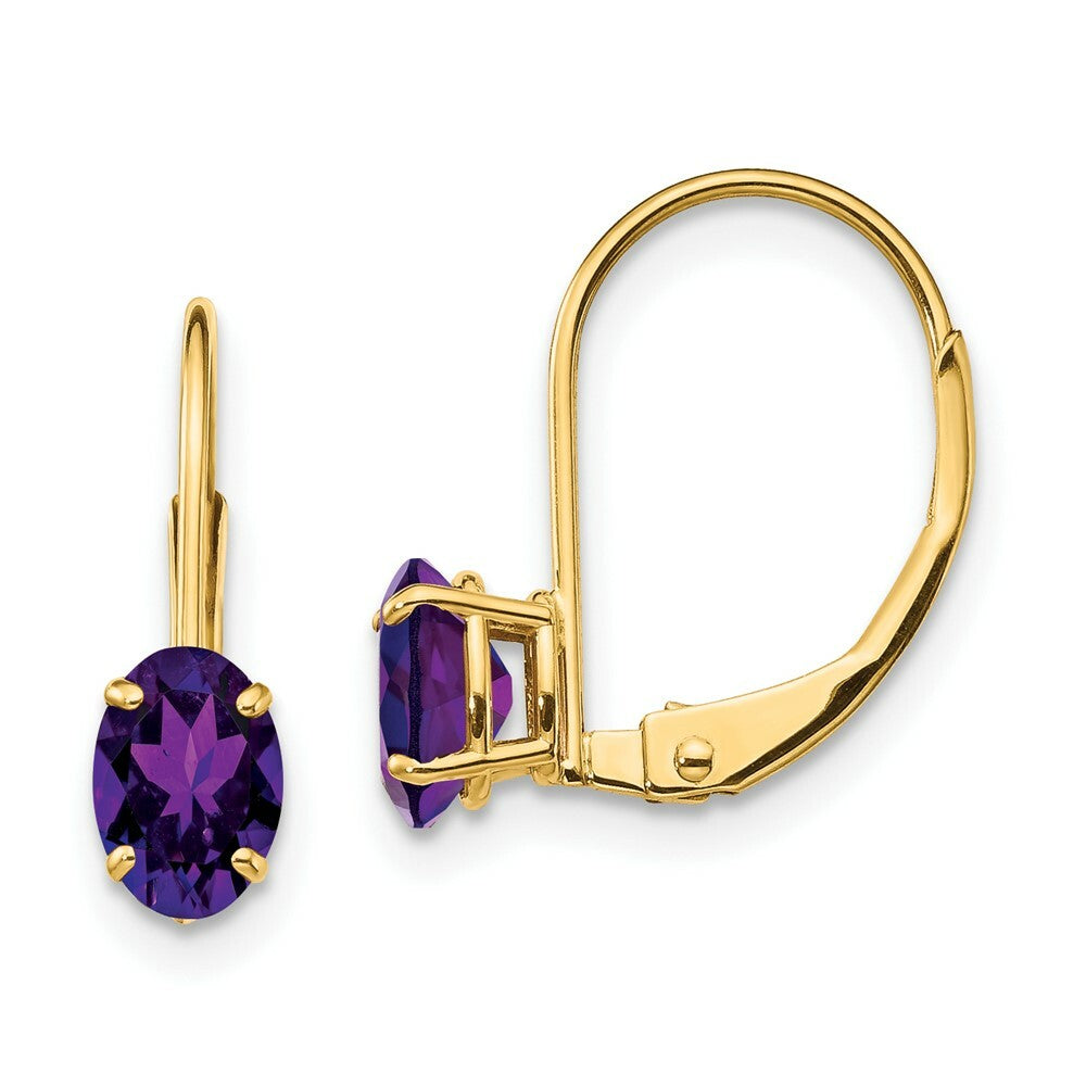 14K Yellow Gold 6x4mm Oval Amethyst Leverback Earrings