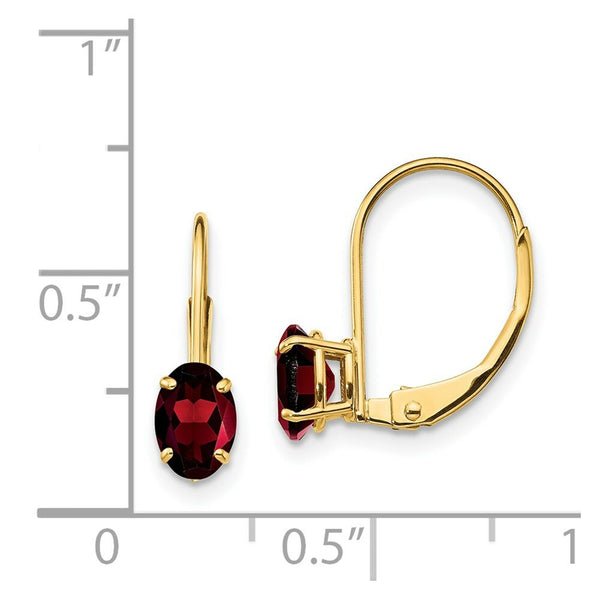 14K Yellow Gold 6x4mm Oval Garnet Leverback Earrings