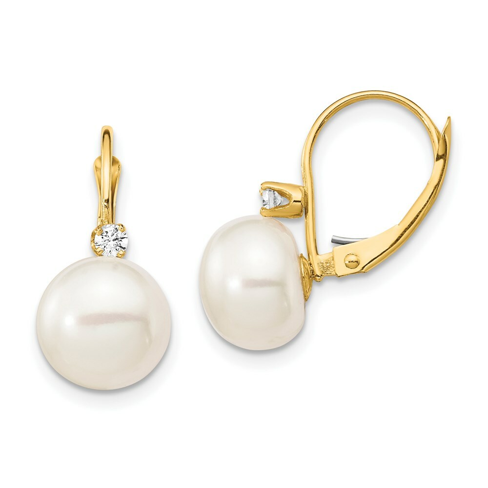 14K White Button Freshwater Cultured Pearl & Diamond Leverback Earrings