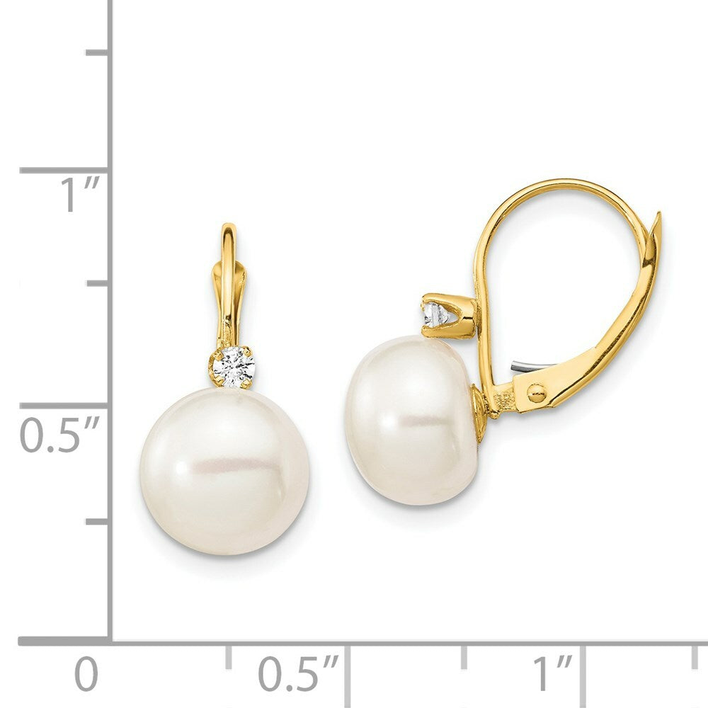 14K White Button Freshwater Cultured Pearl & Diamond Leverback Earrings