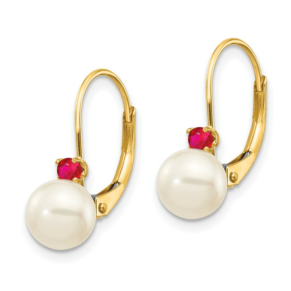 14K 6-6.5mm White Freshwater Cultured Pearl & .10ct. Ruby Leverback Ear
