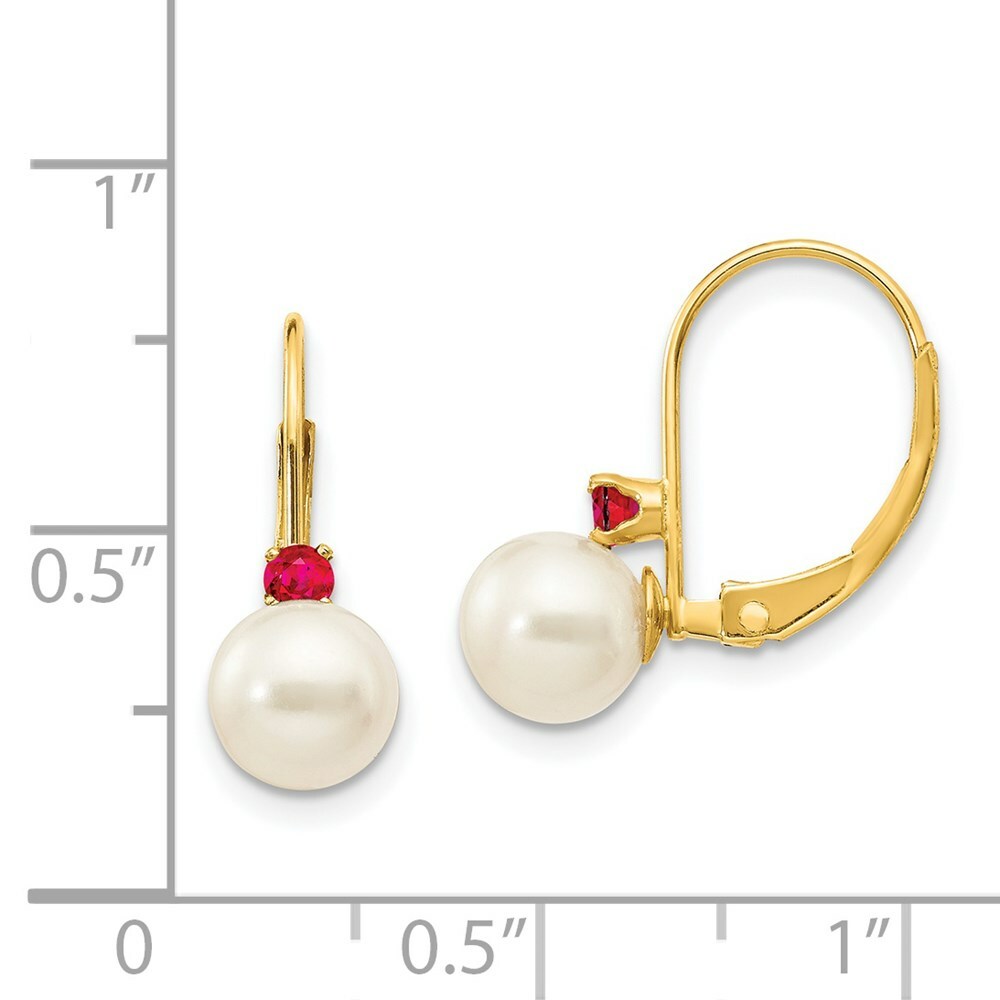 14K 6-6.5mm White Freshwater Cultured Pearl & .10ct. Ruby Leverback Ear