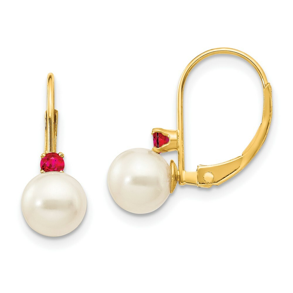 14K 6-6.5mm White Freshwater Cultured Pearl & .10ct. Ruby Leverback Ear