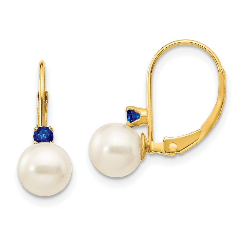 14K 6-6.5mm White Freshwater Cultured Pearl & .10ct. Sapphire Leverback Ear