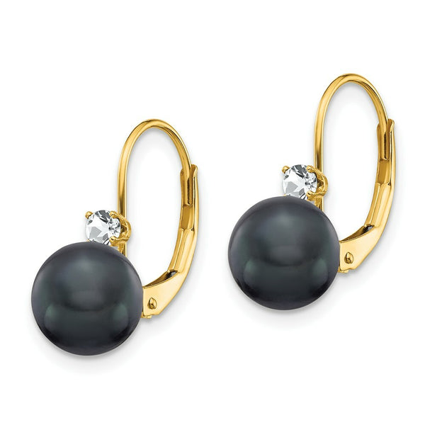 14K Yellow Gold 7mm Black Freshwater Cultured Pearl Diamond Leverback Earring 0.17-Carat tw