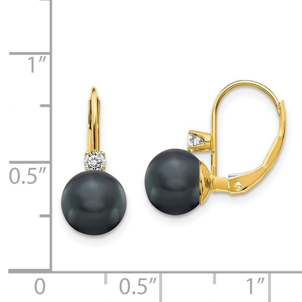 14K Yellow Gold 7mm Black Freshwater Cultured Pearl Diamond Leverback Earring 0.17-Carat tw