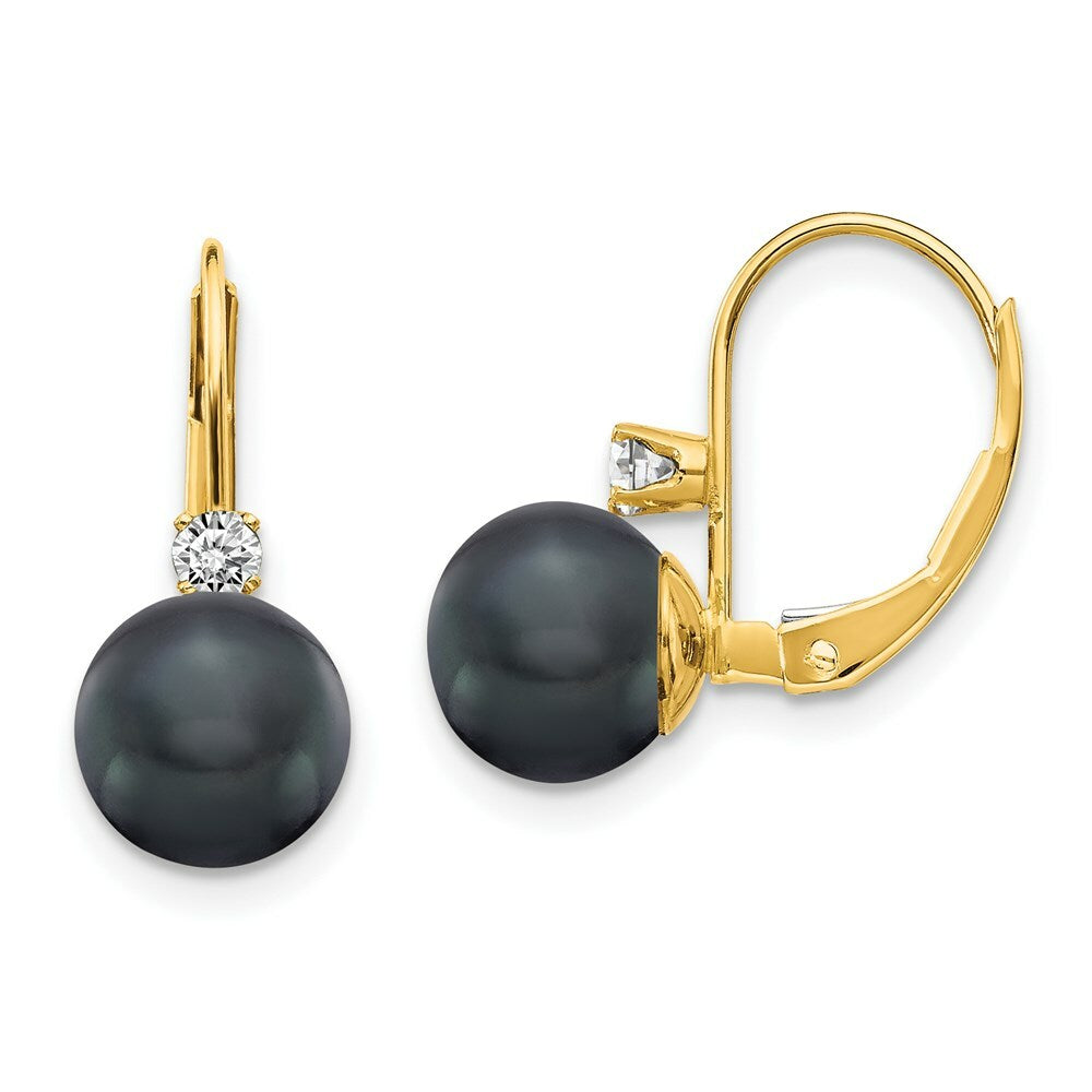 14K Yellow Gold 7mm Black Freshwater Cultured Pearl Diamond Leverback Earring 0.17-Carat tw