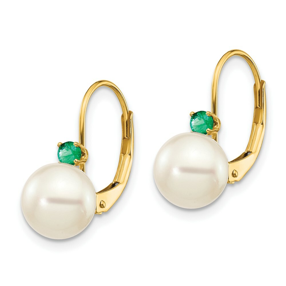 14K 7-7.5mm White Freshwater Cultured Pearl & .09ct. Emerald Leverback Ear