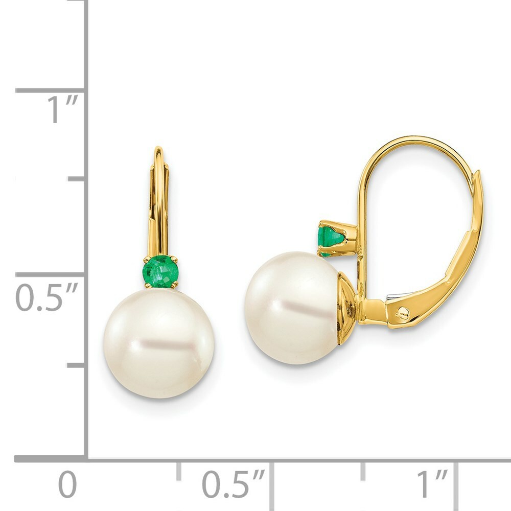 14K 7-7.5mm White Freshwater Cultured Pearl & .09ct. Emerald Leverback Ear