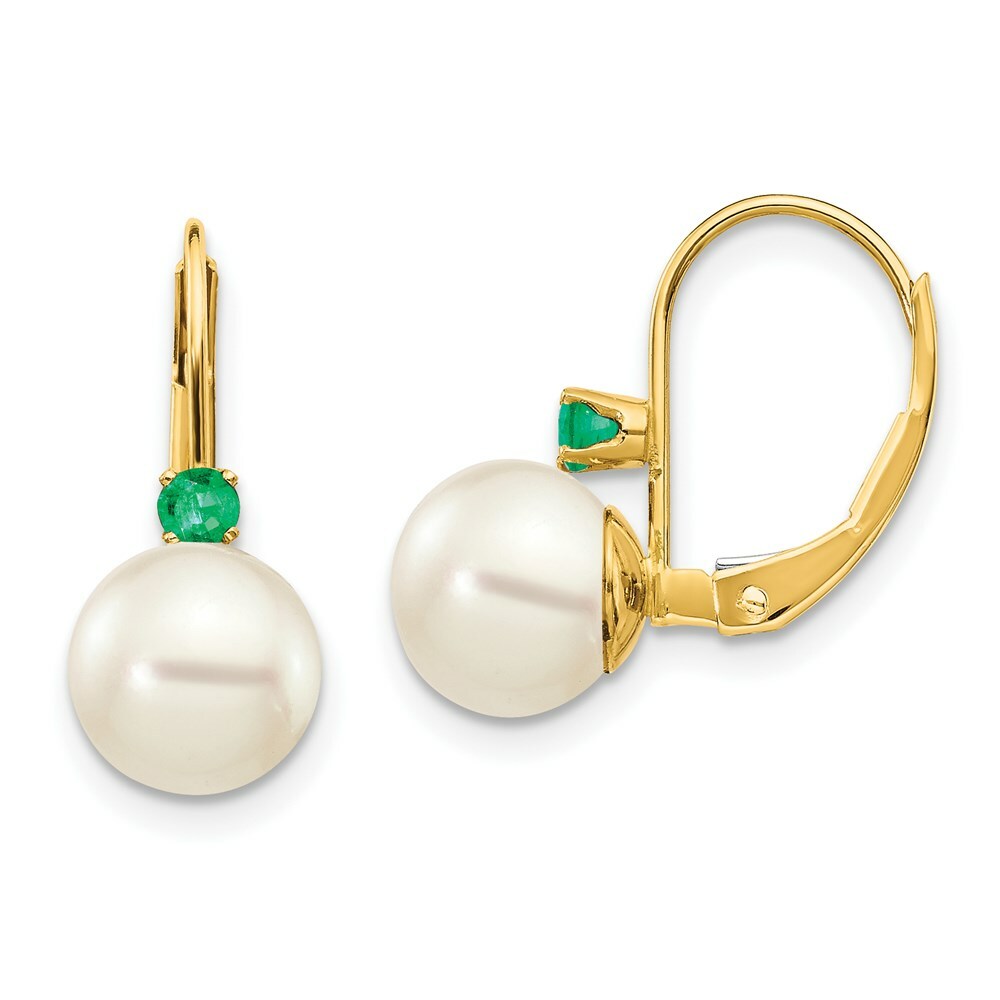 14K 7-7.5mm White Freshwater Cultured Pearl & .09ct. Emerald Leverback Ear