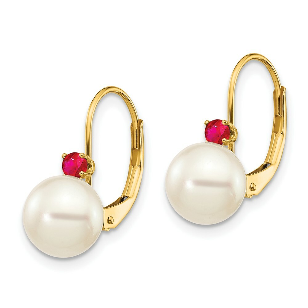 14K 7-7.5mm White Freshwater Cultured Pearl & .13ct. Ruby Leverback Ear