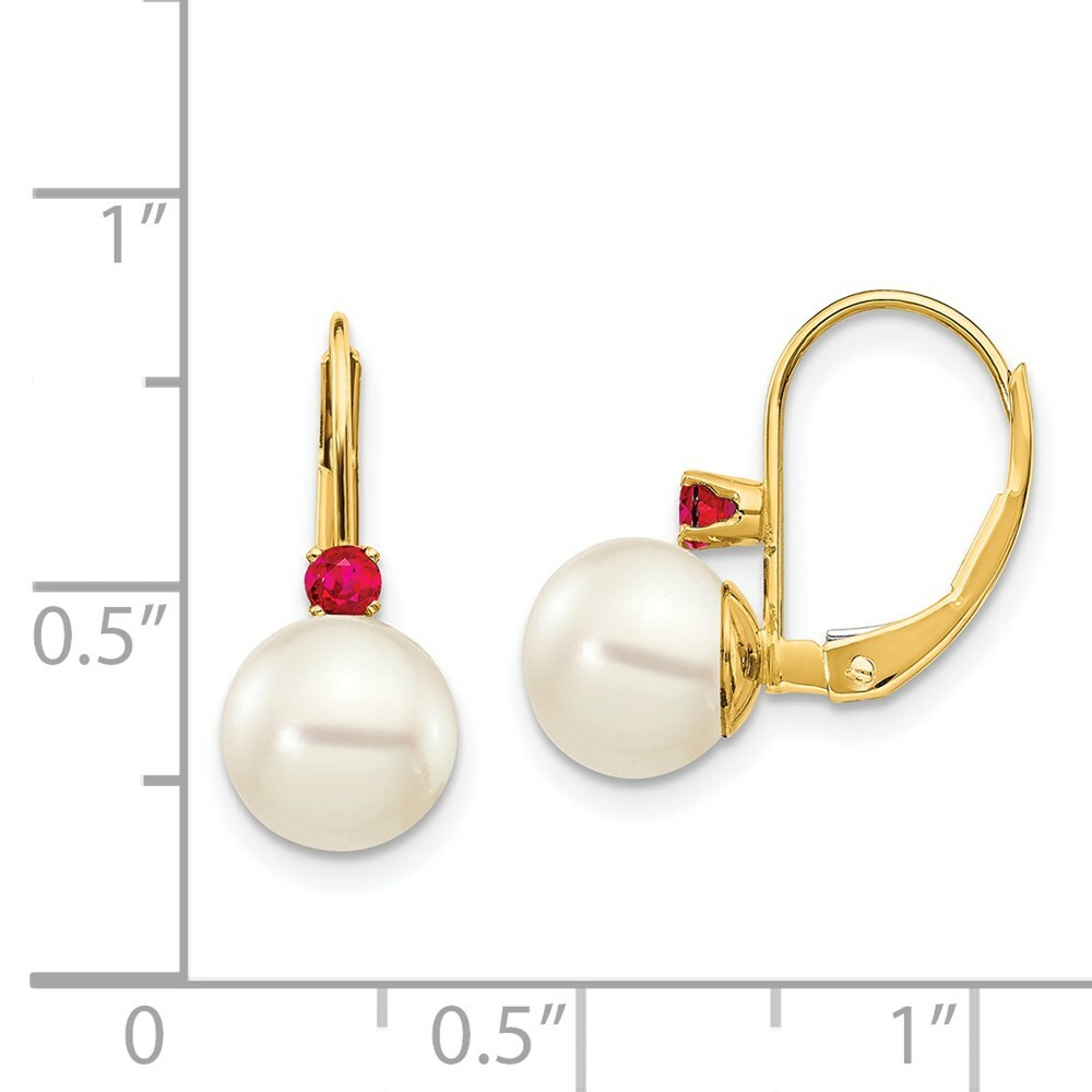14K 7-7.5mm White Freshwater Cultured Pearl & .13ct. Ruby Leverback Ear