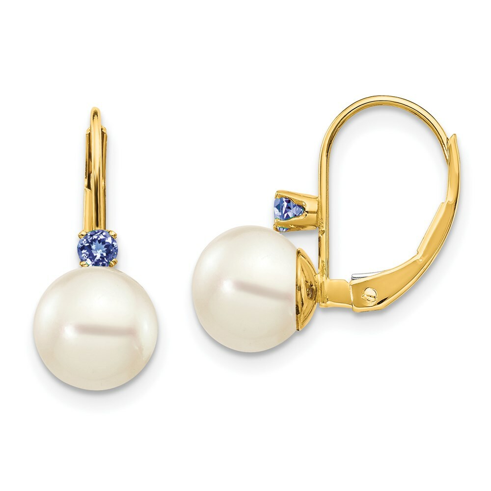 14K 7-7.5mm White Freshwater Cultured Pearl Tanzanite Leverback Earrings
