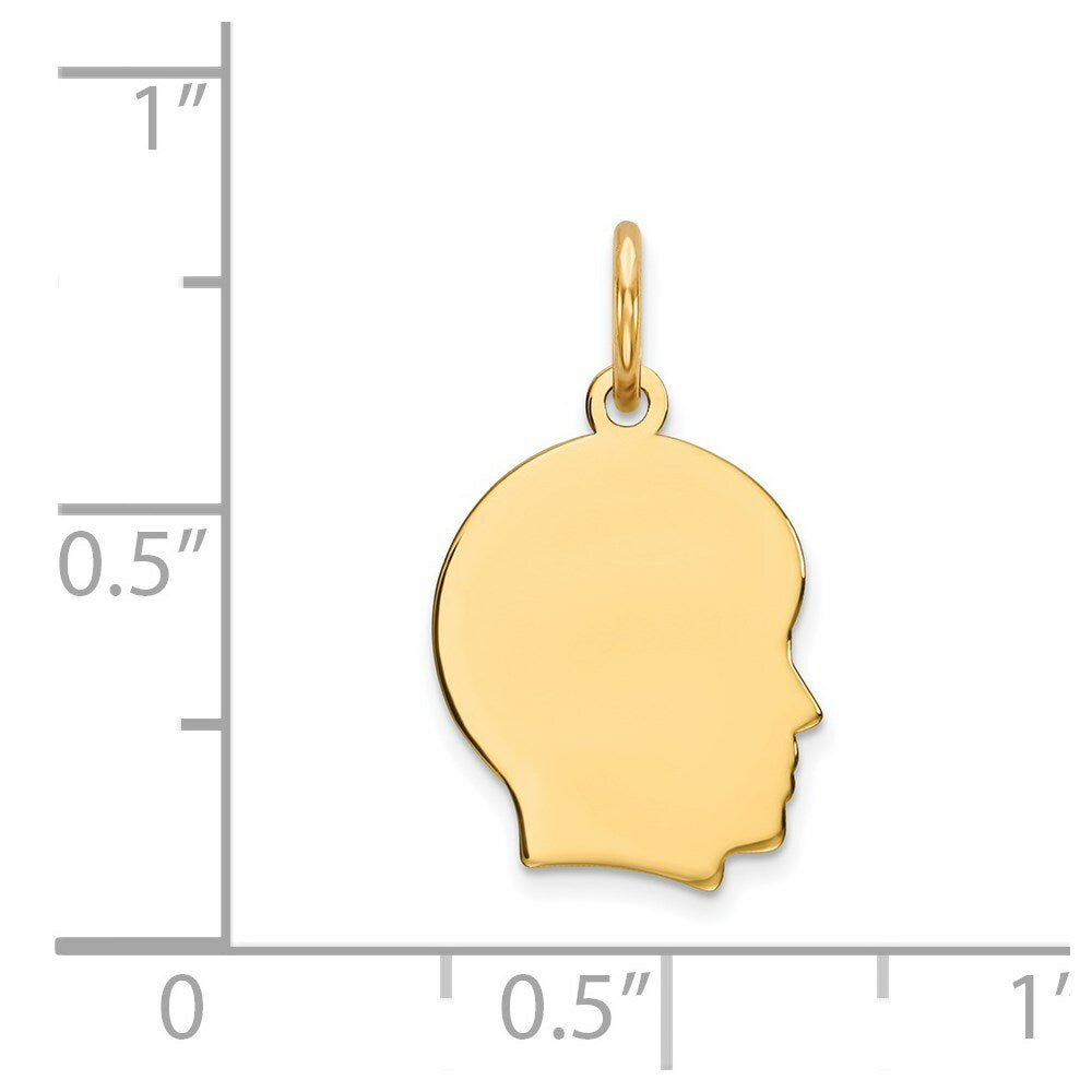 14K Yellow Gold Plain Small .027 Gauge Facing Right Engravable Boy Head Charm 18mm length