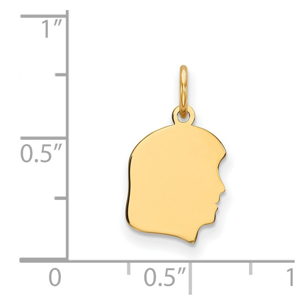 14K Yellow Gold Plain Small .011 Gauge Facing Right Engravable Girl Head Charm 18mm length