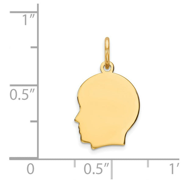 14K Yellow Gold Plain Small .035 Gauge Facing Left Engravable Boy Head Charm 18mm length