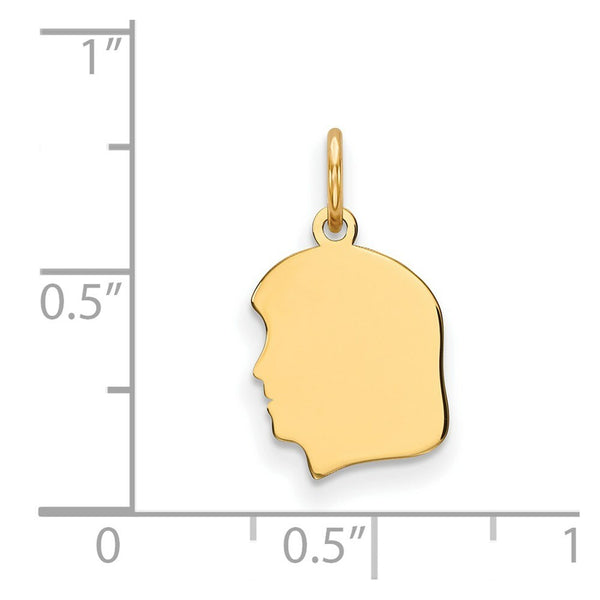 14K Yellow Gold Plain Small .013 Gauge Facing Left Engravable Girl Head Charm 18mm length