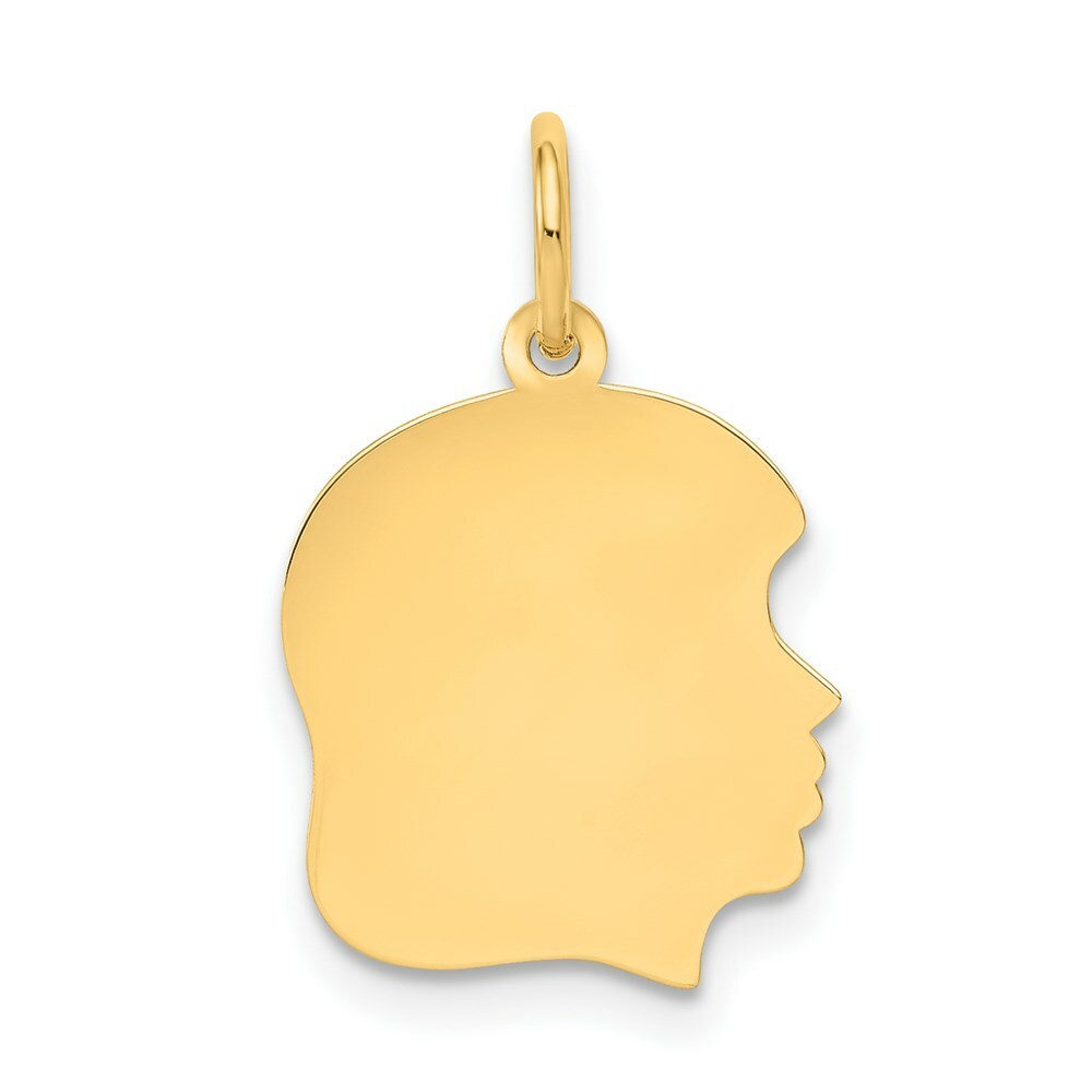 14K Yellow Gold Plain Medium .035 Gauge Facing Right Engravable Girl Head Charm 21mm length