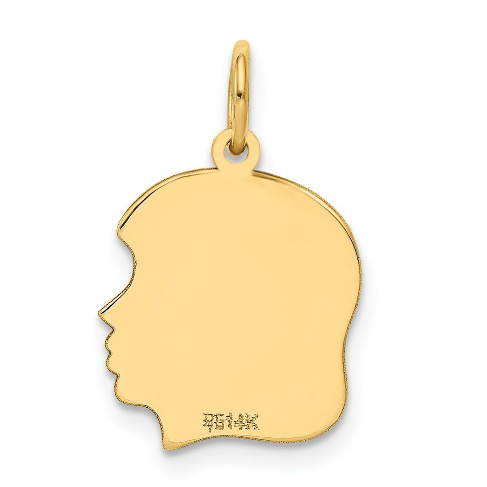 14K Yellow Gold Plain Medium .009 Gauge Facing Right Engravable Girl Head Charm 21mm length
