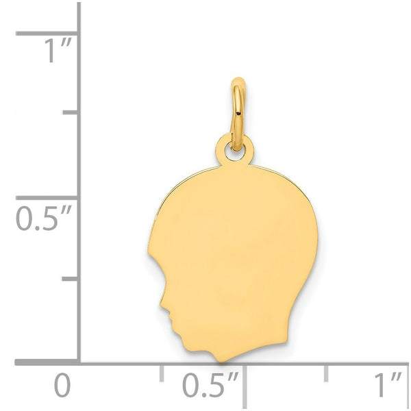 14K Yellow Gold Plain Medium .009 Gauge Facing Left Engravable Boy Head Charm 21mm length