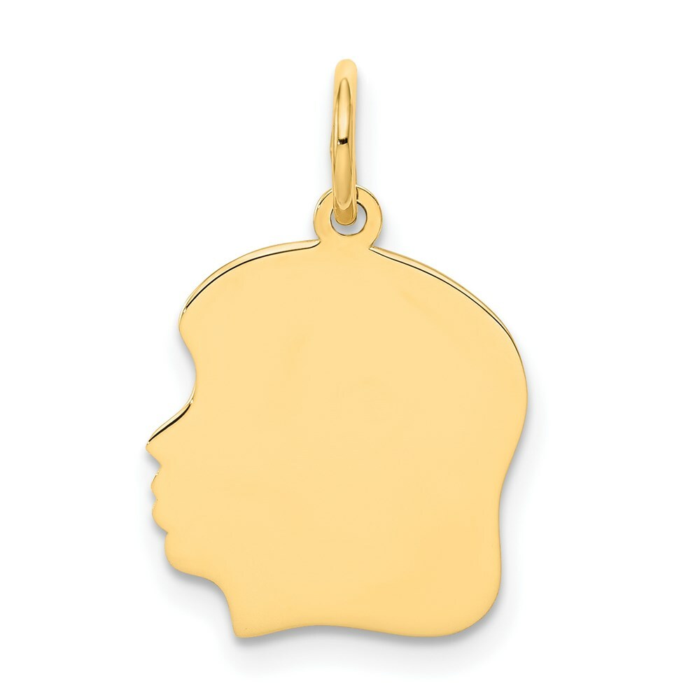 14K Yellow Gold Plain Medium .035 Gauge Facing Left Engravable Girl Head Charm 21mm length