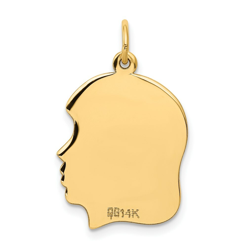 14K Yellow Gold Plain Medium .035 Gauge Facing Right Engravable Girl Head Charm 27mm length