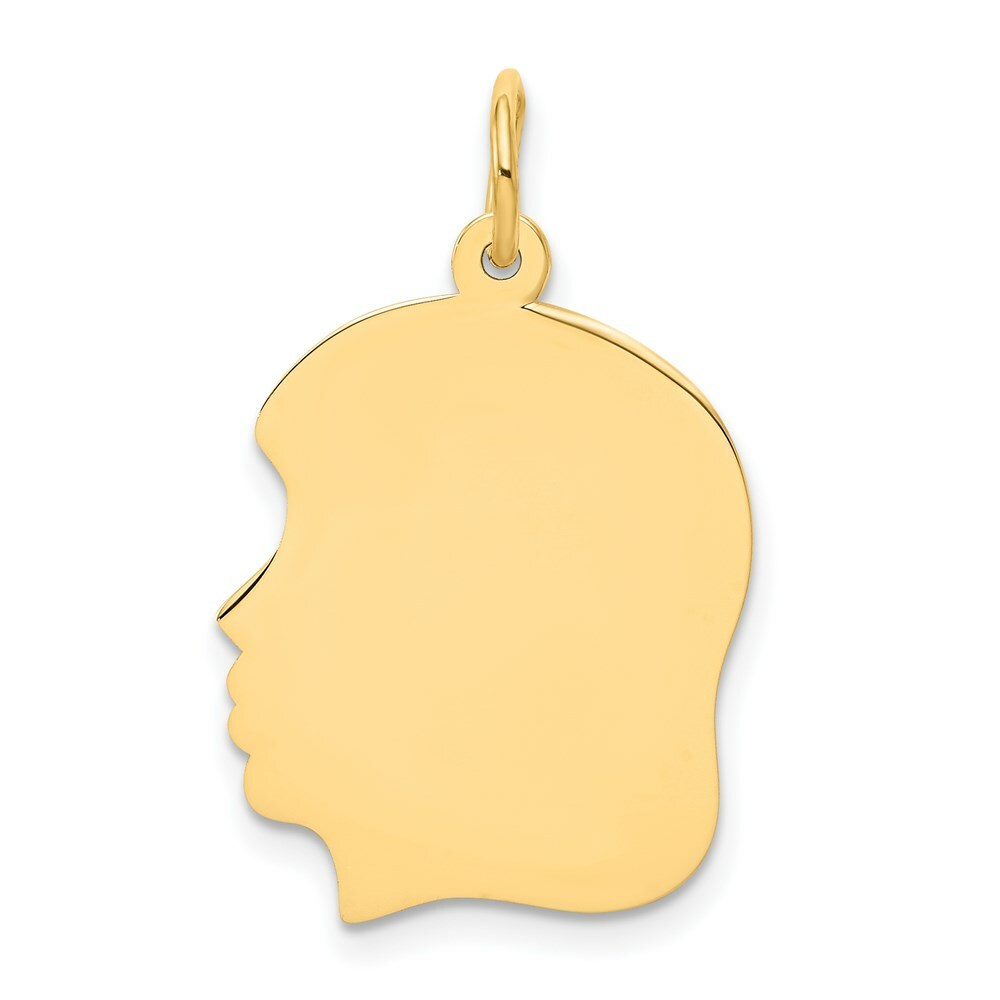 14K Yellow Gold Plain Medium .009 Gauge Facing Left Engravable Girl Head Charm 27mm length