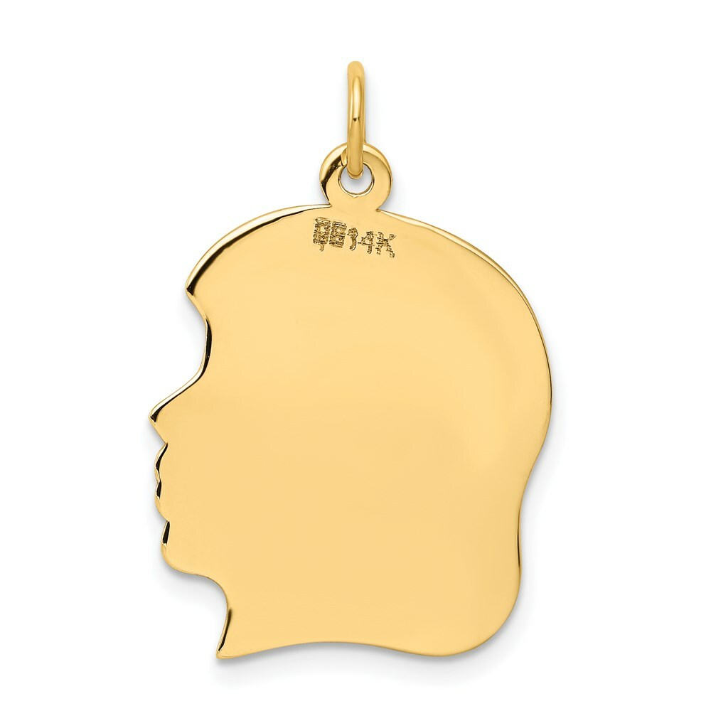 14K Yellow Gold Plain Large .018 Gauge Facing Right Engravable Girl Head Charm 29mm length