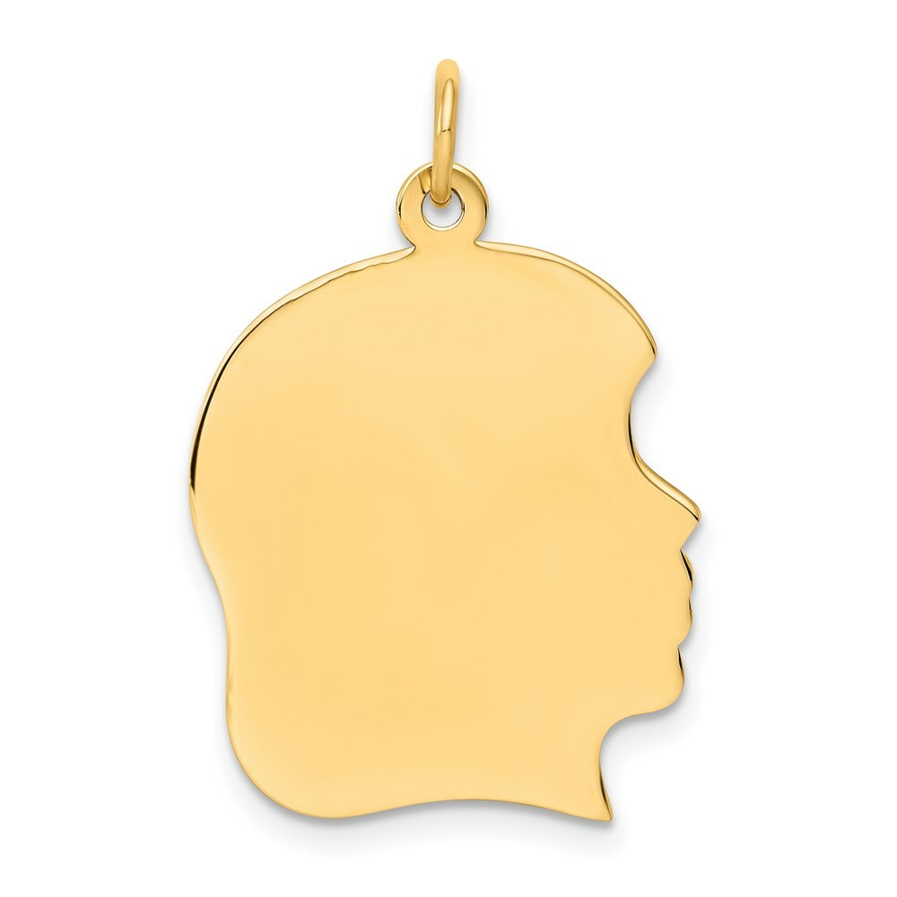 14K Yellow Gold Plain Large .009 Gauge Facing Right Engravable Girl Head Charm 29mm length