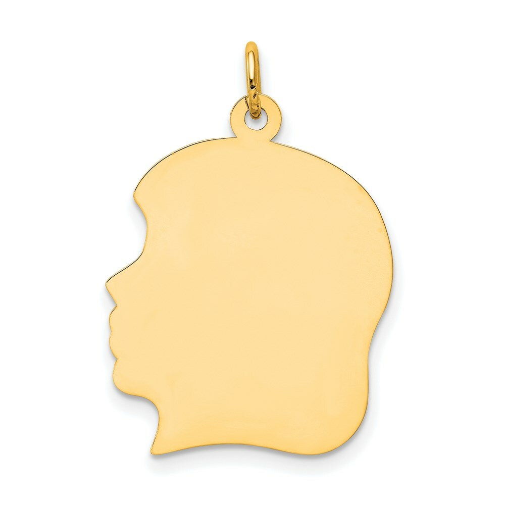 14K Yellow Gold Plain Large .027 Gauge Facing Left Engravable Girl Head Charm 29mm length