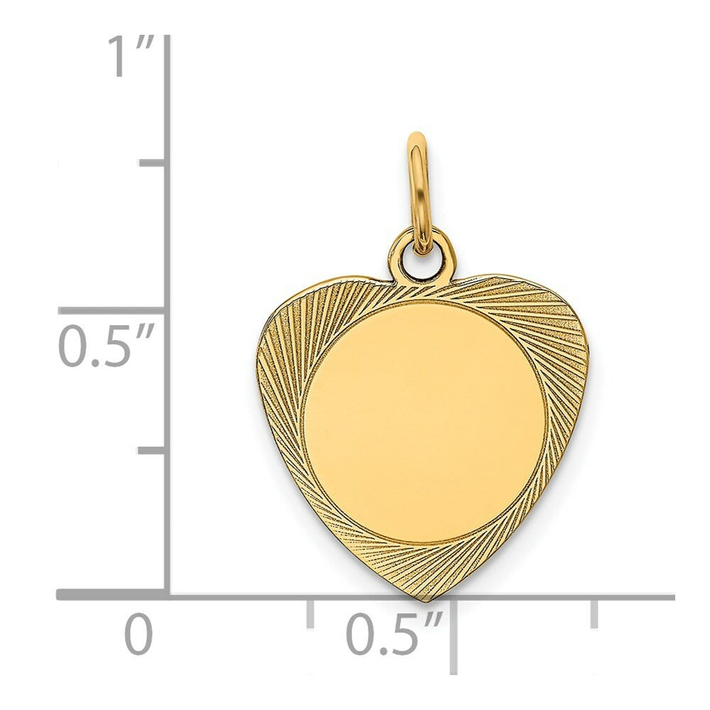 14K Yellow Gold Etched .027 Gauge Engravable Heart Disc Charm 16mm width