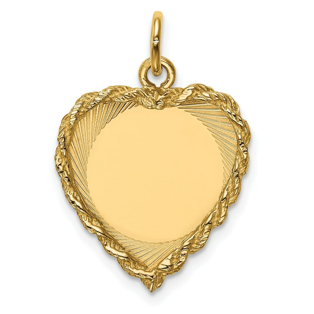 14K Yellow Gold Polished .013 Gauge Engravable Heart with Rope Disc Charm
